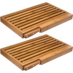 2x Stuks brood snijplank met kruimel opvangbak 44 x 27 cm van bamboe hout inclusief broodmes - Snijplanken